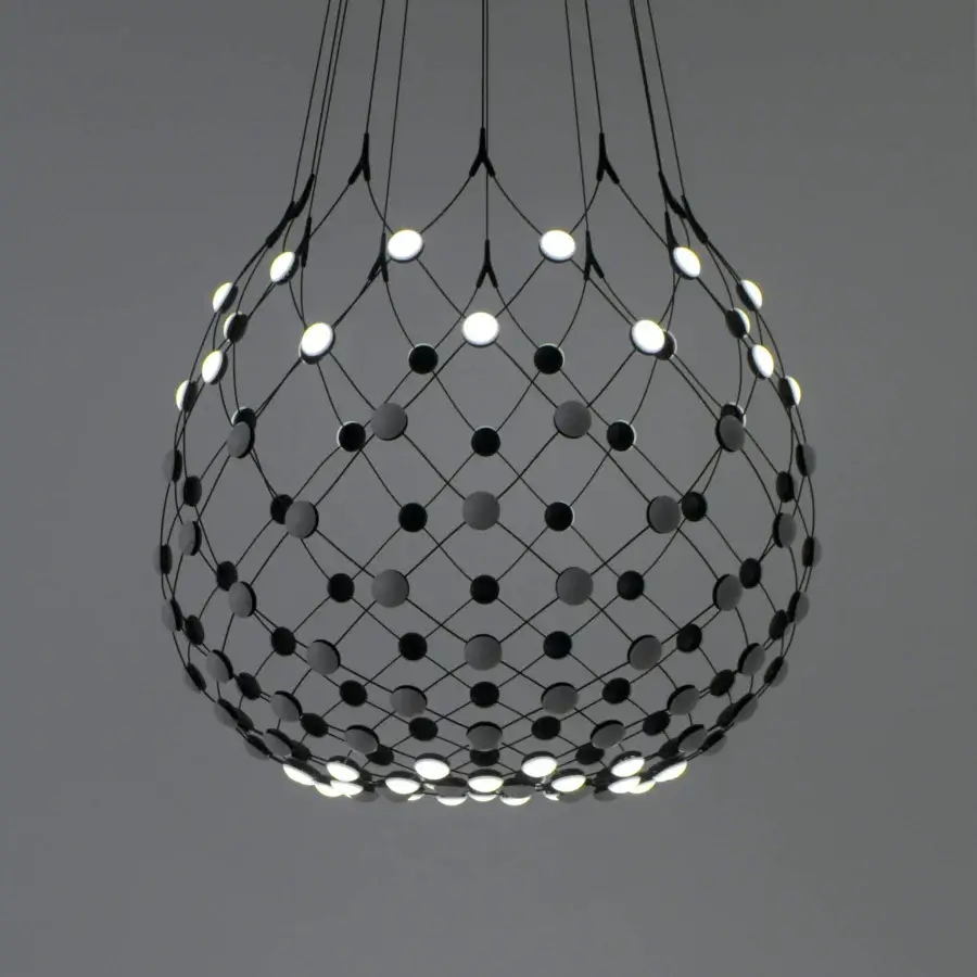 Exceptional Luceplan Mesh Wireless suspension lamp in flexible steel cables with bright white polycarbonate lenses and matte black finish