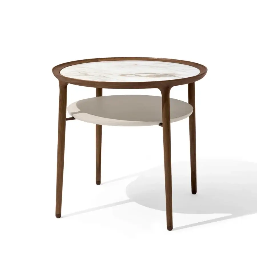 Elegant Giorgetti Romeo side table crafted with Canaletto walnut, polished marble and soft leather surfaces