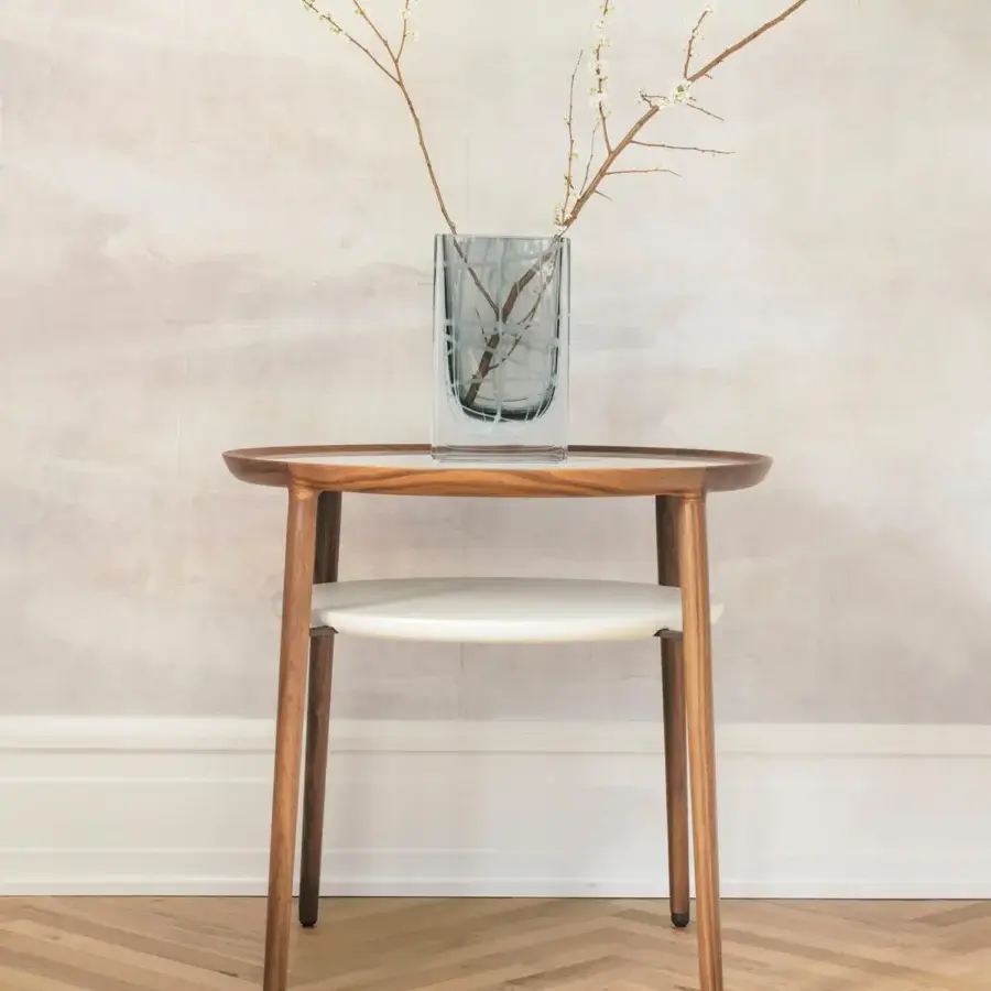 Superior Giorgetti Romeo side table crafted with Canaletto walnut, lustrous marble and soft leather shelf in satin finish