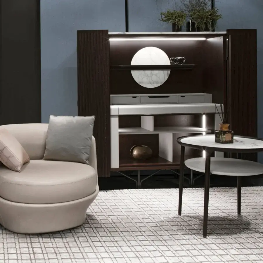 Distinguished Giorgetti Romeo side table crafted in Canaletto walnut with polished marble and soft leather tiers, finished in matte black