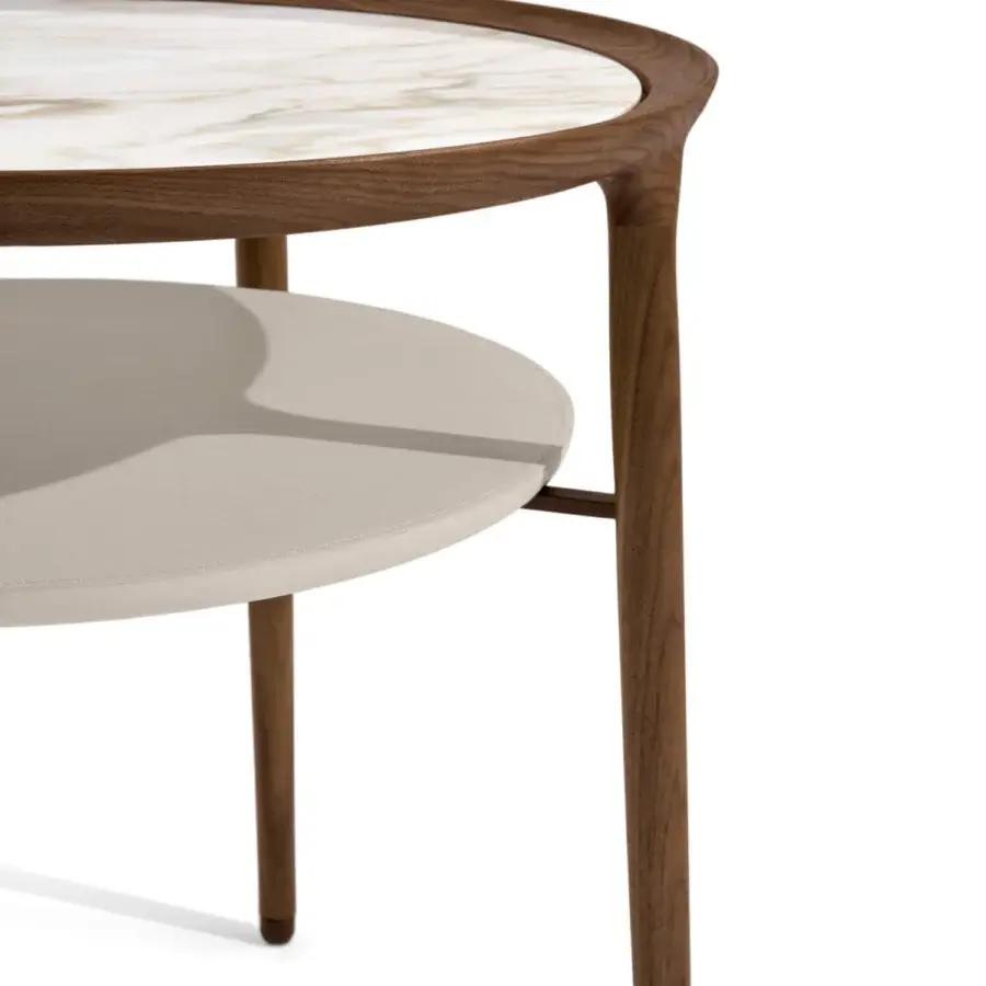 Superior Giorgetti Romeo side table crafted in Canaletto walnut with luxurious marble and tactile leather