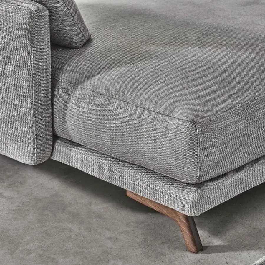 Exceptional Porada Étienne sofa with linear design upholstered in medium gray Microflock and pewter grey metal with wooden inserts