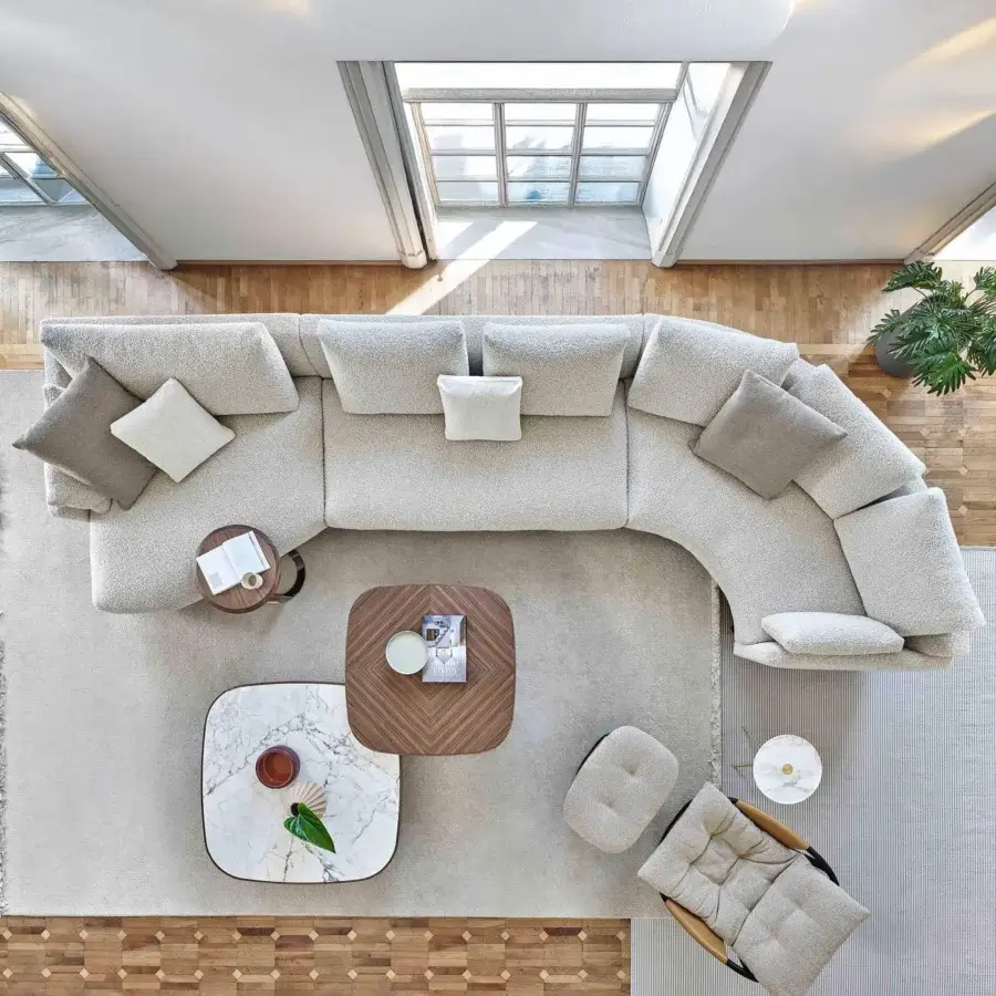 Distinguished Porada Étienne sofa with pewter grey metal base and textured light neutral beige Memory Foam Microflock upholstery