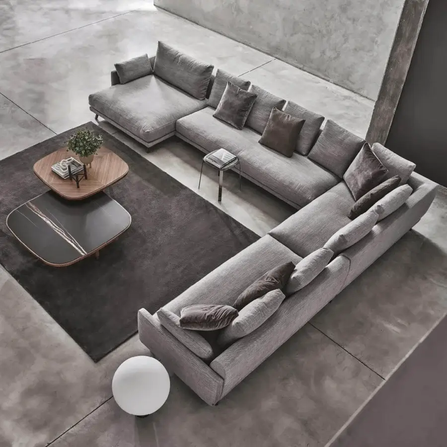 Superior Porada Étienne sofa with pewter grey metal base and neutral gray Memory Foam Microflock polyester upholstery