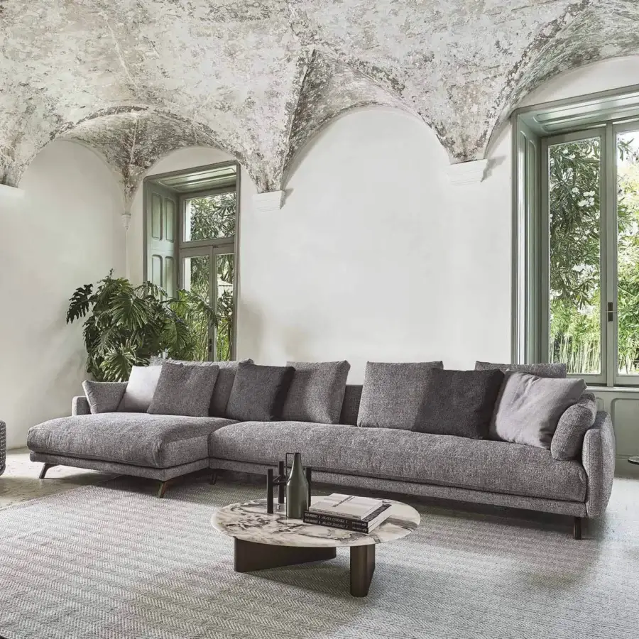 Distinguished Porada Étienne sofa with pewter grey metal and wooden inserts, upholstered in dark gray textured matte microflock cushioning