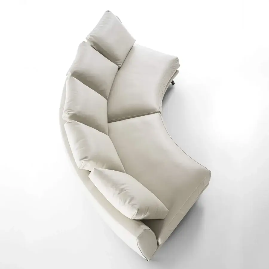 Distinguished Porada Étienne sofa with pewter grey metal, wooden inserts and light beige Microflock upholstery crafted for ergonomic comfort