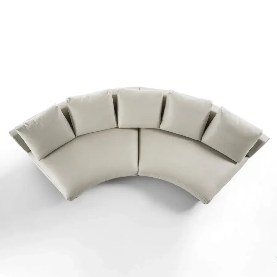 Exceptional Porada Étienne sofa with pewter grey metal feet, wooden inserts and light neutral beige Memory Foam upholstery crafted in Italy
