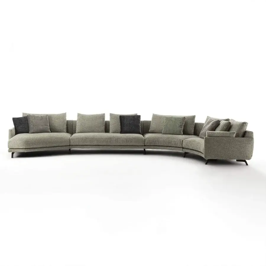 Lavish Porada Étienne sofa with linear design, light grey-green Microflock upholstery and pewter grey metal feet with wooden inserts