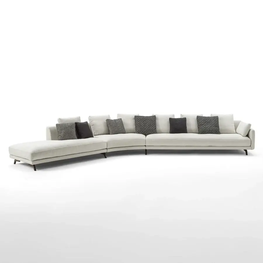 Distinguished Porada Étienne sofa with pewter grey metal base and textured off-white Microflock upholstery crafted in a contemporary form
