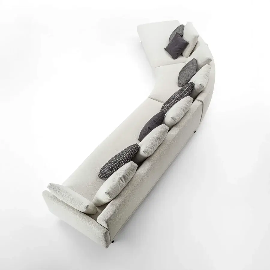 Exceptional Porada Étienne sofa with light neutral beige Microflock upholstery and pewter grey metal feet crafted with wooden inserts