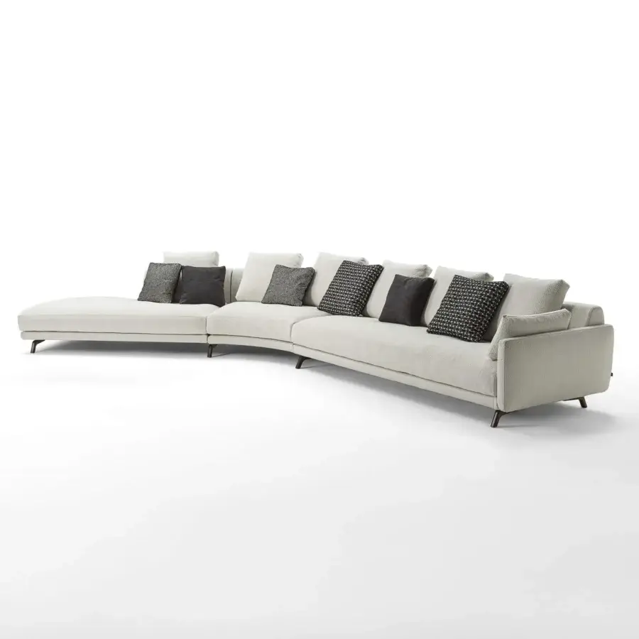 Lavish Porada Étienne sofa with neutral beige Microflock upholstery, pewter grey metal feet built with wooden inserts