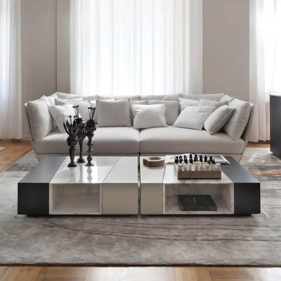 Superior Giorgetti Scaleno coffee table built with cool marble, supple leather, and warm ash wood with polished and matte finishes