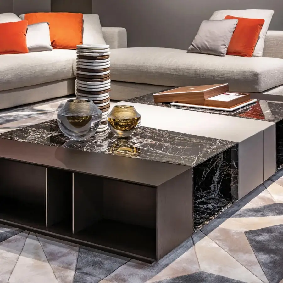 Distinguished Giorgetti Scaleno coffee table crafted in Italy with cool black marble, warm ash wood, and supple leather
