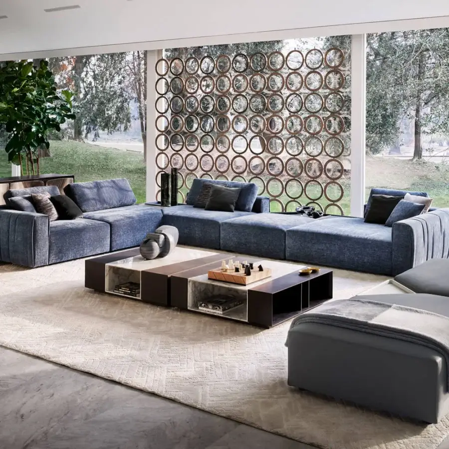 Exceptional Giorgetti Scaleno coffee table built with clear glass, dark gray metal, ash wood, and marble leather