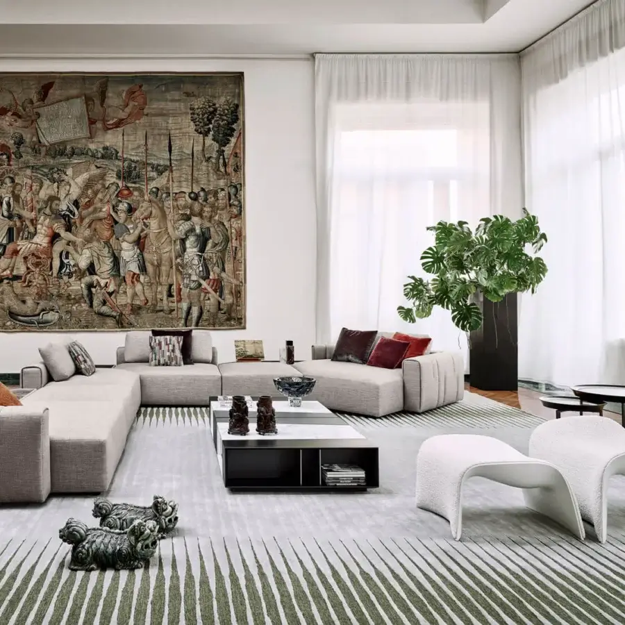 Elegant Giorgetti Scaleno coffee table with cool marble inserts and dark-toned ash wood frame