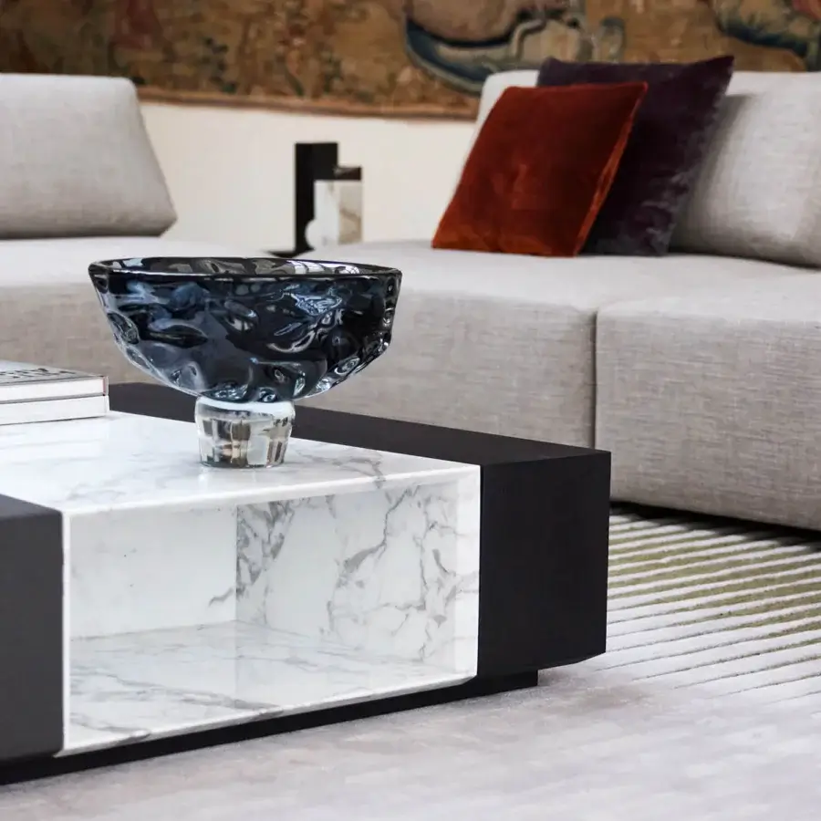 Distinguished Giorgetti Scaleno coffee table with polished marble and dark-toned ash wood crafted in a matte finish