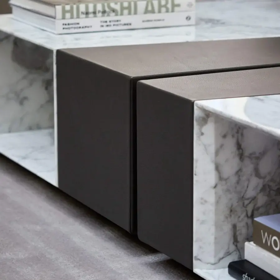 Exceptional Giorgetti Scaleno coffee table crafted with cool marble, supple leather, and warm ash wood in polished and matte finishes