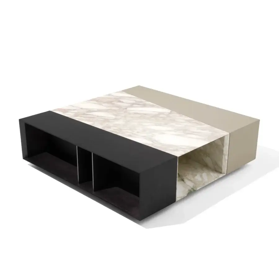 Distinguished Giorgetti Scaleno coffee table crafted with glossy black ash wood, cool marble and lighter wood insets for a balanced design