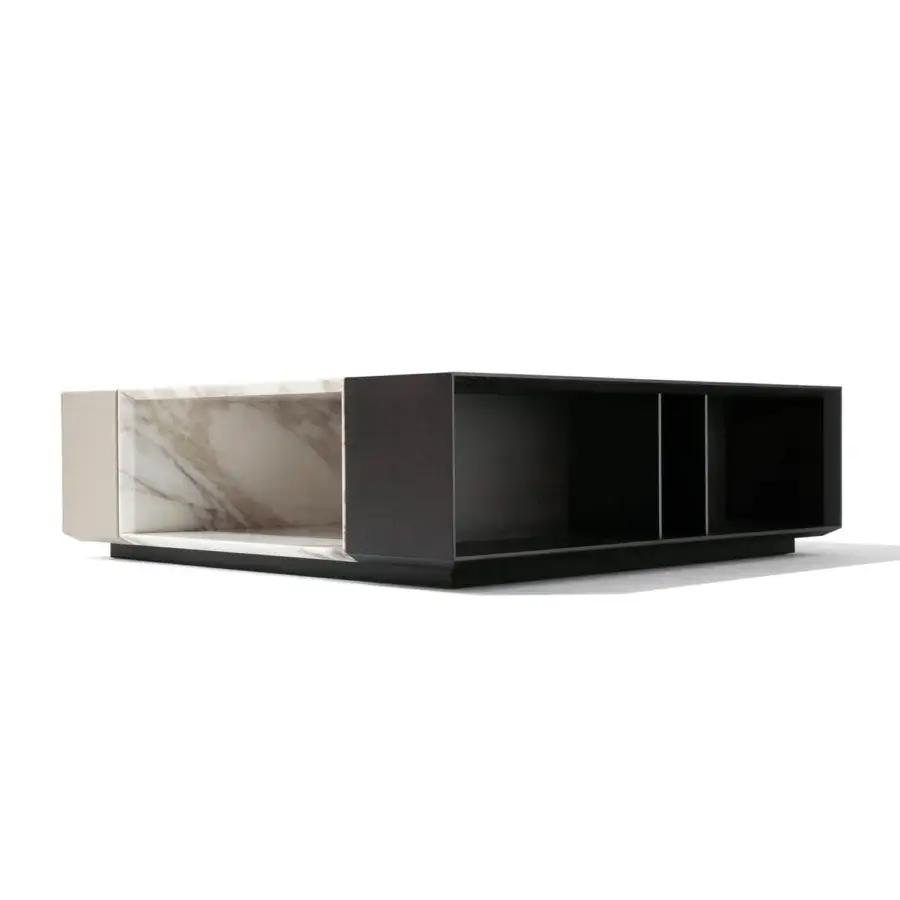 Harmonious Giorgetti Scaleno coffee table crafted with dark satin ash wood and polished marble exhibiting beige, gray, brown veining