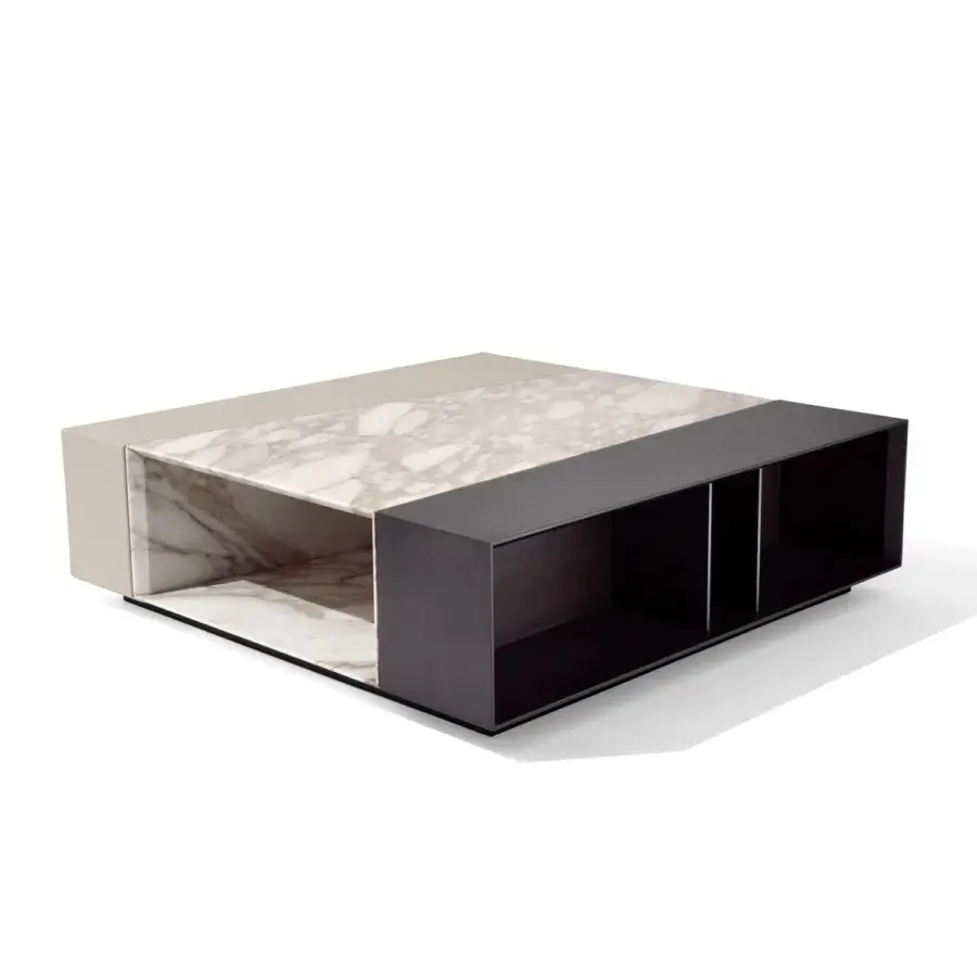 Superior Giorgetti Scaleno coffee table built with cool marble, supple leather, and warm ash wood in a dark matte finish