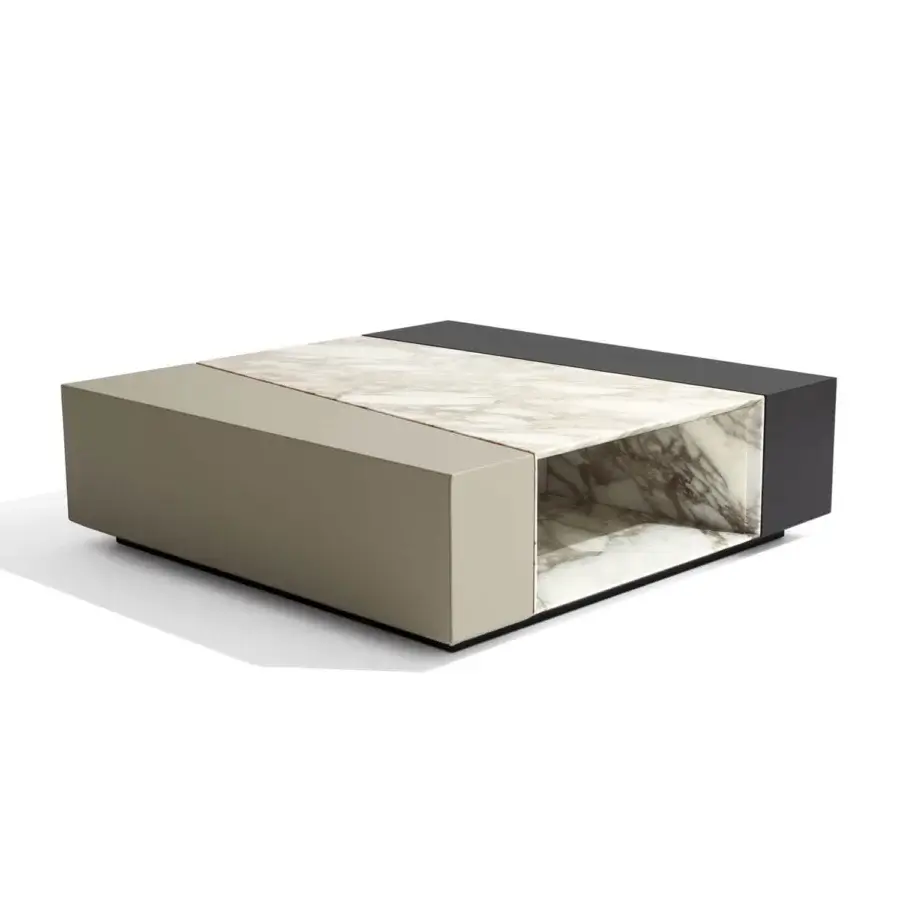Distinguished Giorgetti Scaleno coffee table crafted with cool marble, pale olive and dark gray ash wood, exhibiting a harmonious balance