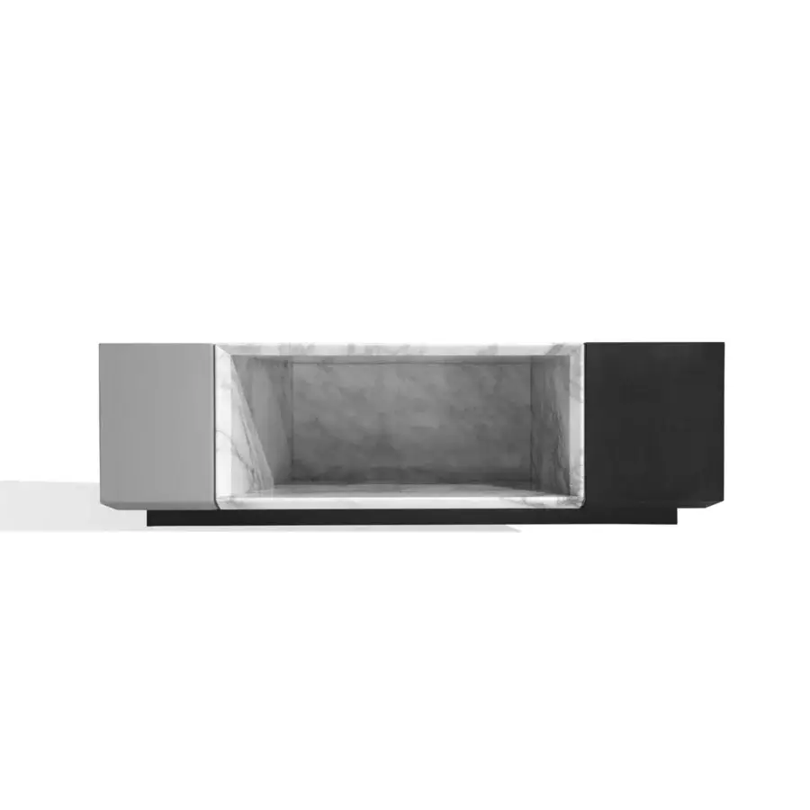 Exceptional Giorgetti Scaleno coffee table built with cool marble, supple leather, and matte ash wood in contrasting grey tones