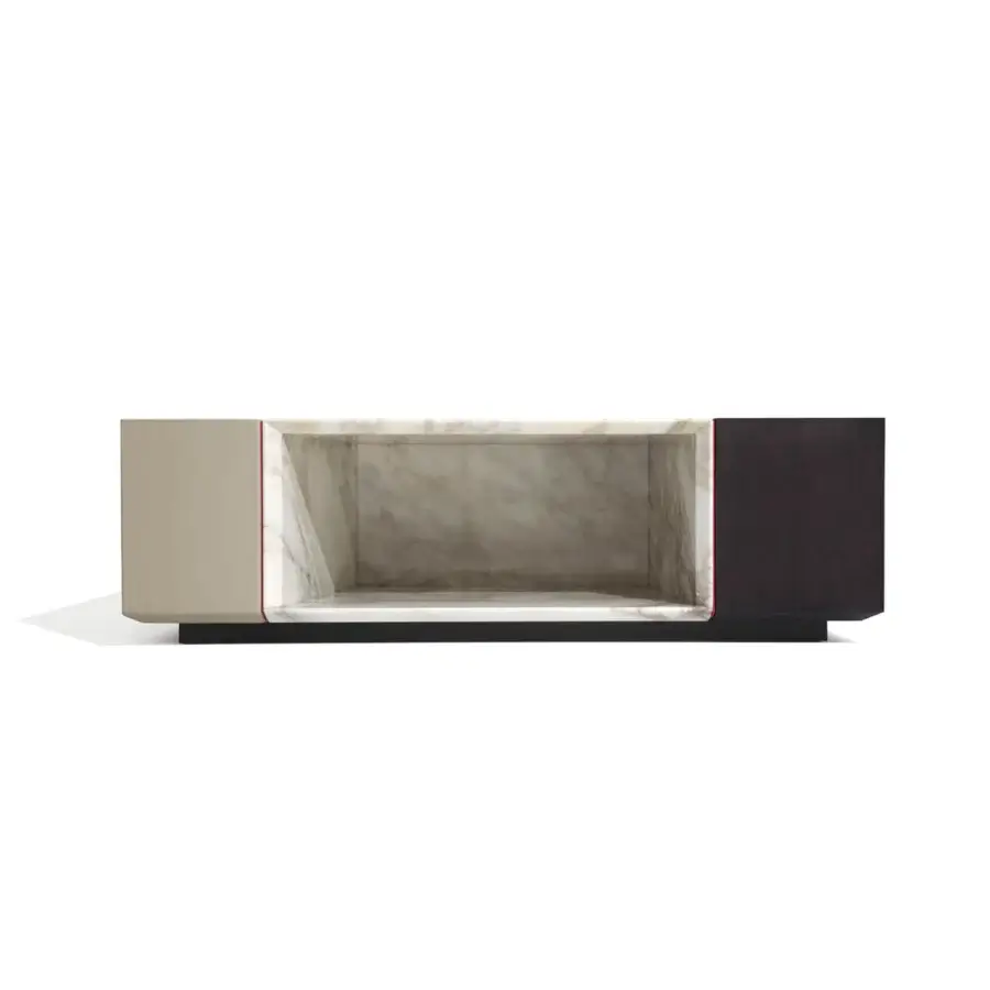 Lavish Giorgetti Scaleno coffee table crafted with dark ash wood, beige tone, and white marble inset with satin finish