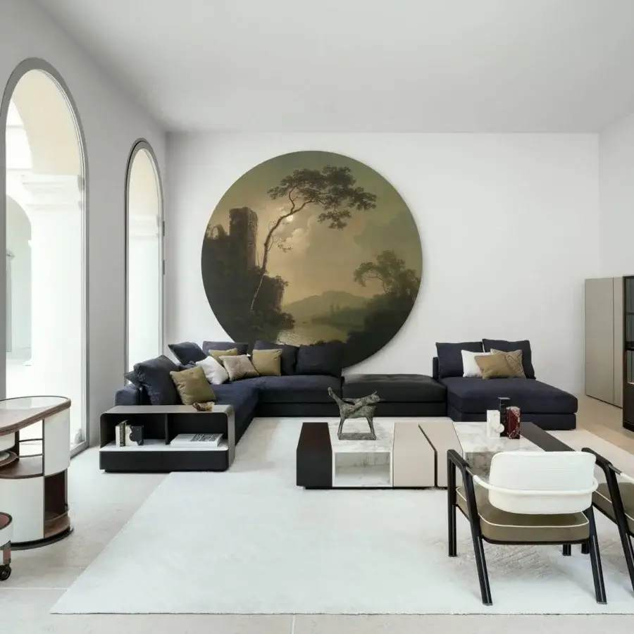 Superior Giorgetti Scaleno coffee table with creamy white marble, dark ash wood, and satin finish