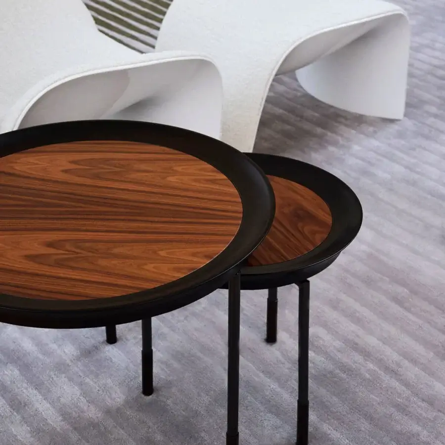 Superior Giorgetti Athene side table crafted with polished maple, radiant Pau Ferro insert, and glazed bronzed metal legs