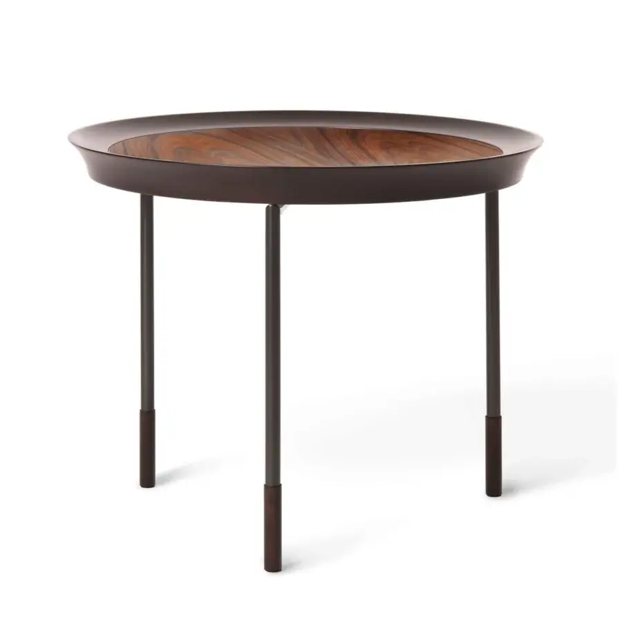 Exceptional Giorgetti Athene side table crafted with polished maple, Pau Ferro insert and glazed bronzed metal legs
