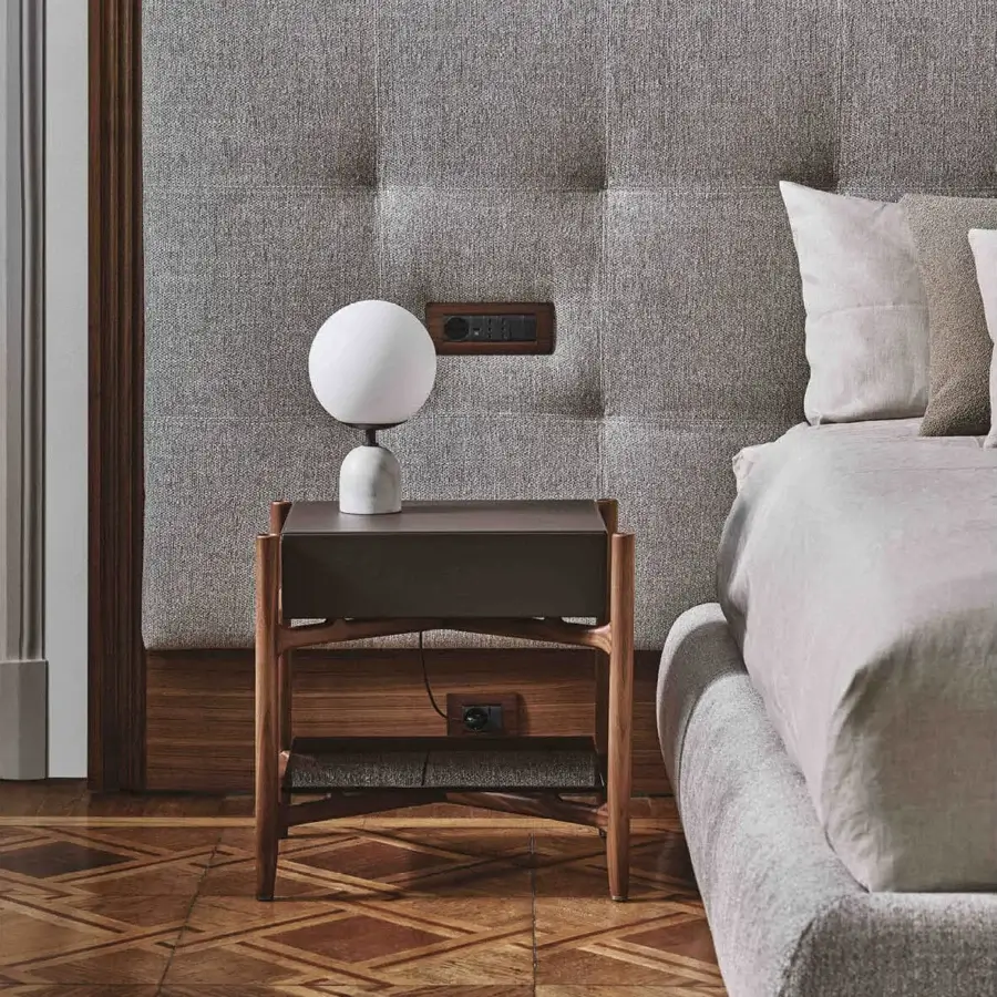 Superior Porada Enya & Morfeo bed with canaletto walnut, neutral gray fabric upholstery and square-patterned stitching, stained finish