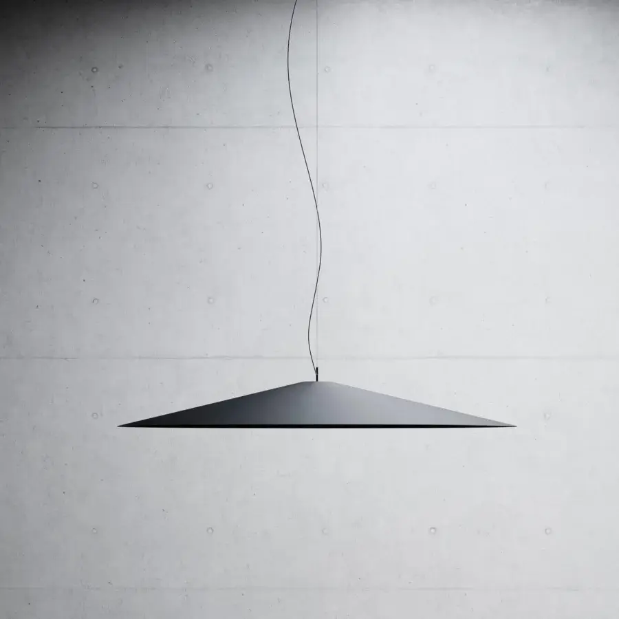 Distinguished Luceplan Koinè suspension lamp with broadly flattened form and sharply angled conical shade in black aluminum featuring a matte finish
