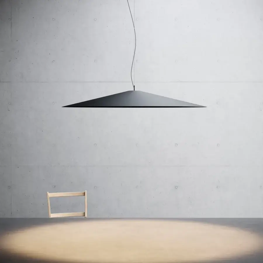 Exceptional Luceplan Koinè suspension lamp with conical shade crafted in black aluminum and matte finish for visual comfort
