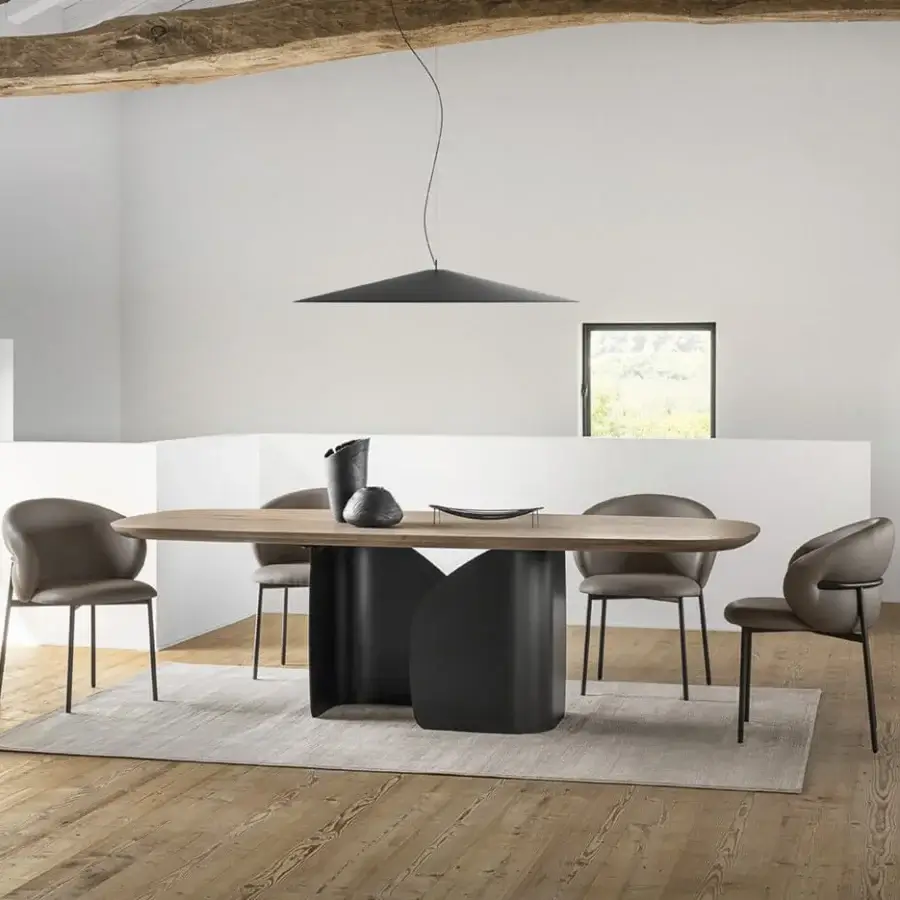 Elegant Luceplan Koinè suspension lamp in black aluminum with a gently curved silhouette and mineral glass lens