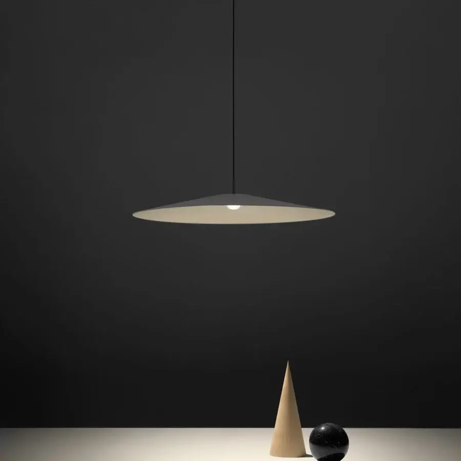 Elegant Luceplan Koinè suspension lamp crafted in light beige aluminum with matte finish and sleek black cable