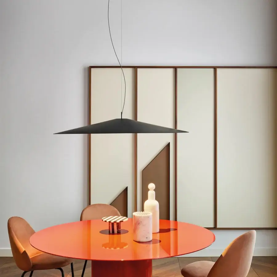 Exclusive Luceplan Koinè suspension lamp with wide conical form in glossy black aluminum delivering homogeneous light