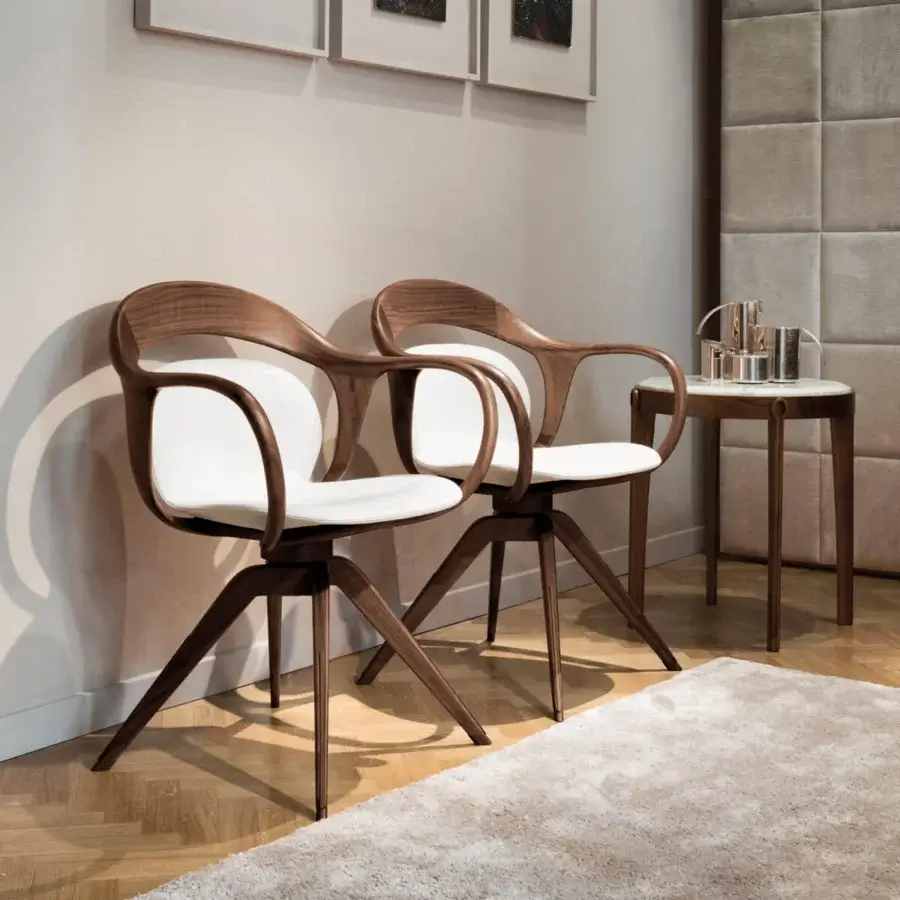 Elegant Giorgetti Ago side table crafted in Canaletto walnut with a satin finish and exquisite marble tabletop