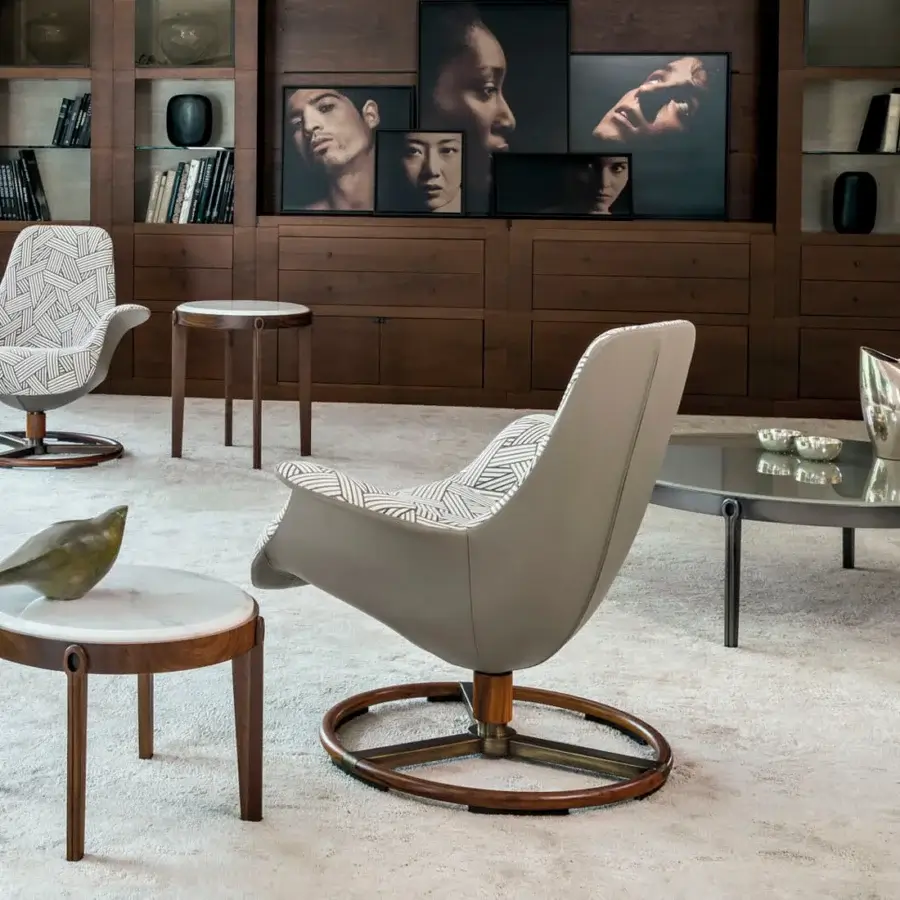 Exceptional Giorgetti Ago side table in solid Canaletto walnut with polished marble and satin-finished legs