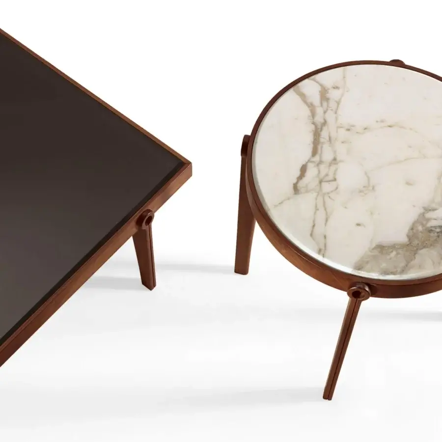 Exceptional Giorgetti Ago side table crafted in solid Canaletto walnut with a satin finish and circular marble top