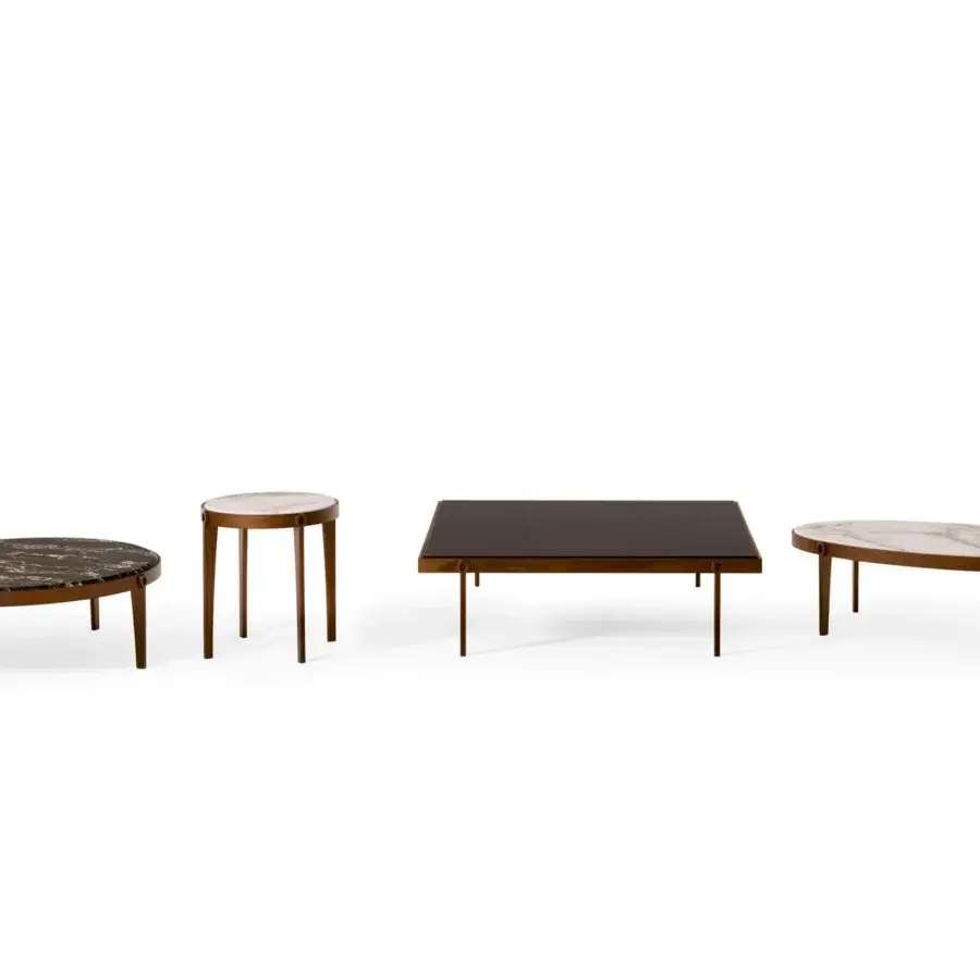 Elegant Giorgetti Ago side table crafted in solid Canaletto walnut with polished white marble exhibiting grey veining