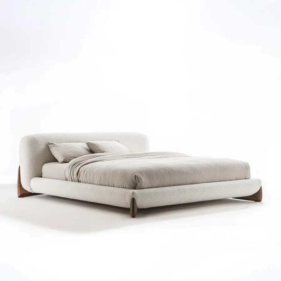 Exceptional Porada Softbay bed crafted in textured neutral beige fabric with distinctive solid Canaletta walnut wood end-feet