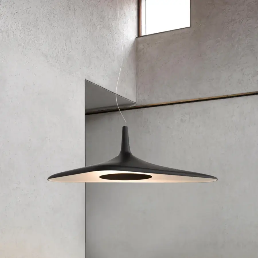 Avant-garde Luceplan Soleil Noir suspension lamp sculpted from expanded polyurethane with uniform matte black finish