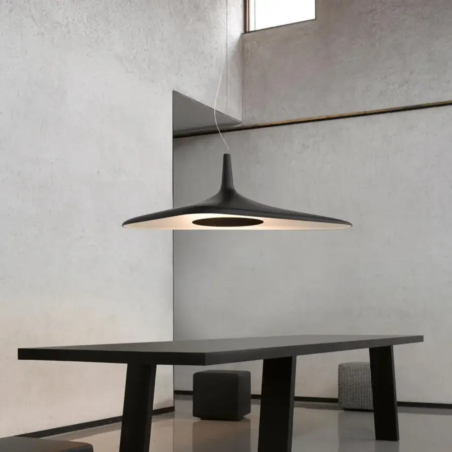 Distinguished Luceplan Soleil Noir suspension lamp sculpted from expanded polyurethane with matte black finish