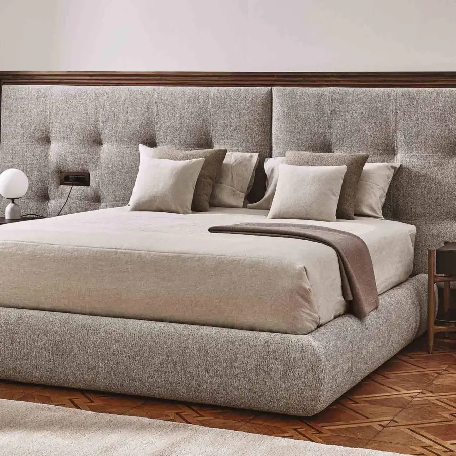 Distinguished Porada Enya & Morfeo bed crafted with canaletto walnut and neutral gray woven fabric upholstery with stained finish