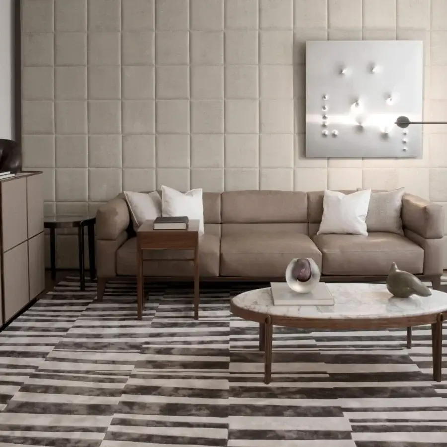Distinguished Giorgetti Ago coffee table crafted with a polished marble top and satin Canaletto walnut base