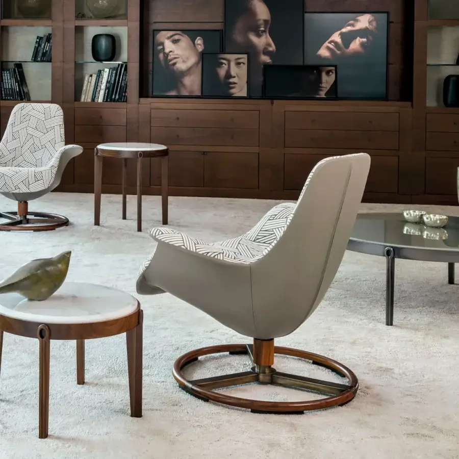Distinguished Giorgetti Ago coffee table crafted in Canaletto walnut with a transparent glass top and satin finish