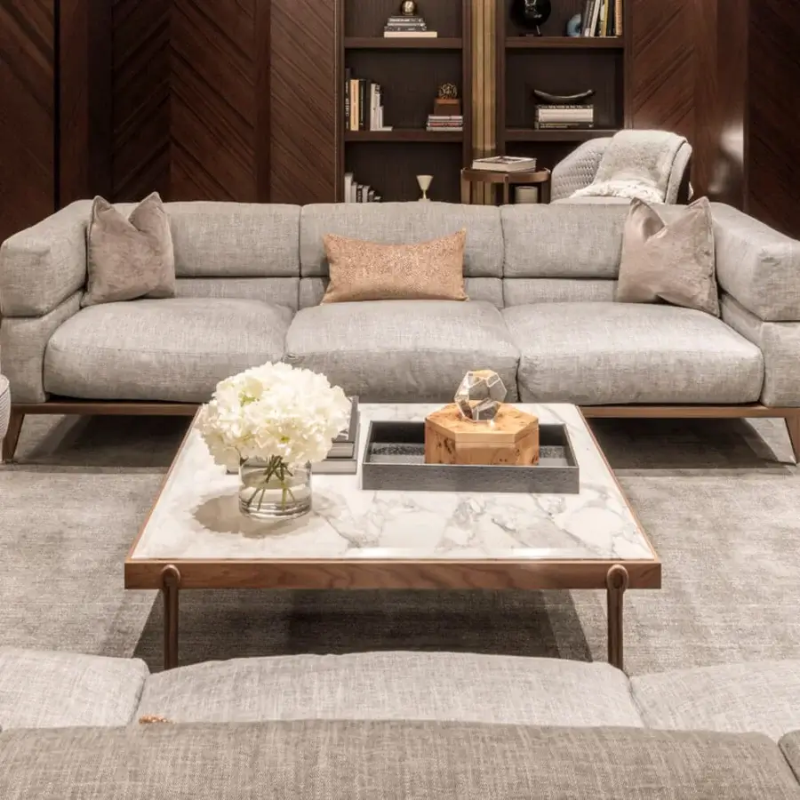 Superior Giorgetti Ago coffee table built in Canaletto walnut with polished marble and satin finish
