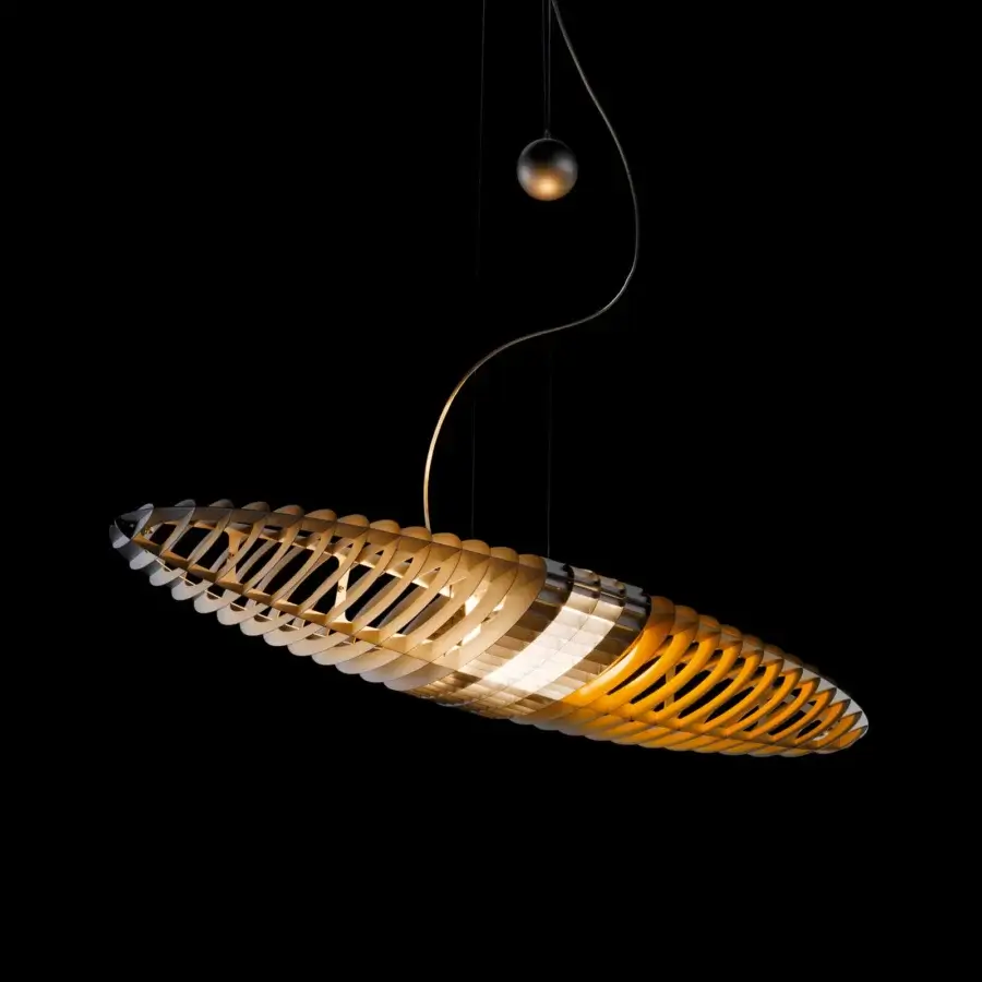Captivating Luceplan Titania suspension lamp built in curved wooden elements with a satin sheen and golden metallic canopy