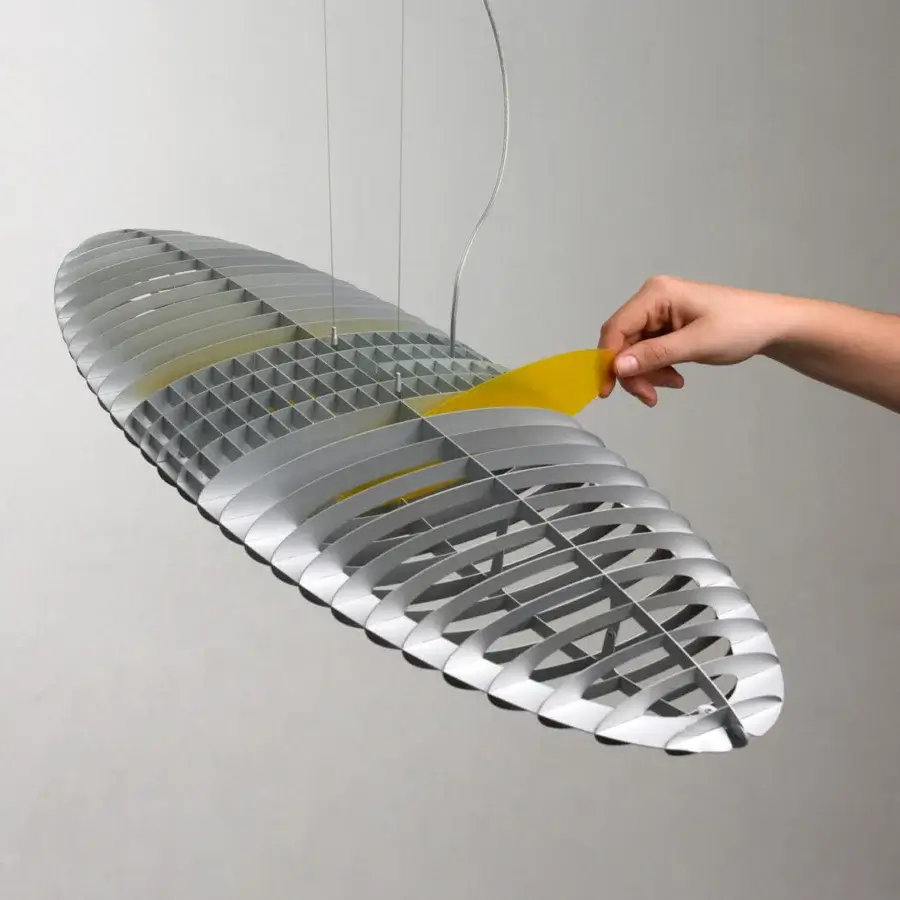 Superior Luceplan Titania suspension lamp crafted in satin metal with warm yellow accents and parallel metal slats