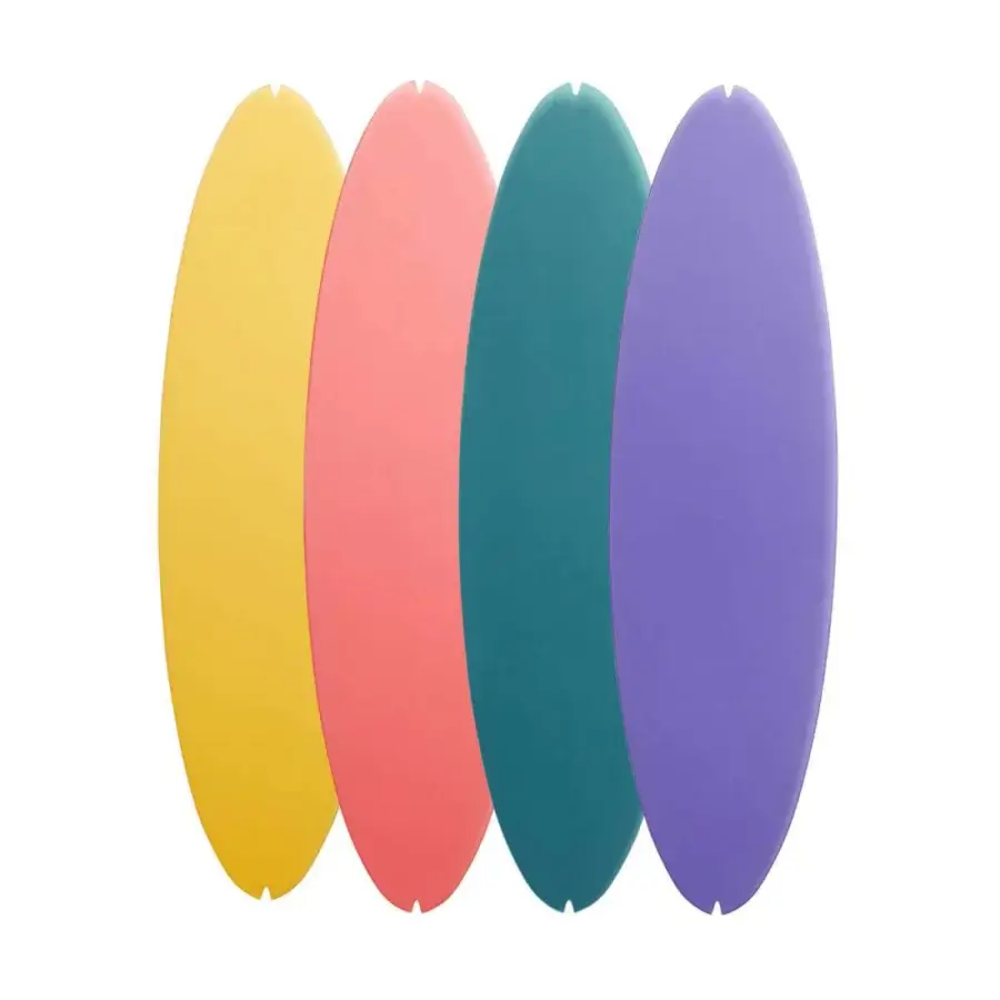 Exceptional Luceplan Titania suspension lamp with four organically-shaped diffusers in yellow, coral-pink, teal, and lavender-purple with a matte finish